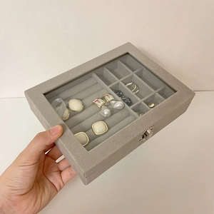 Macro shot of gray velvet jewelry box with glass lid, metal clasp, and ring slots