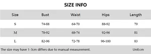 Detailed size chart for the ruched mini dress showing bust, waist, hips, and length data