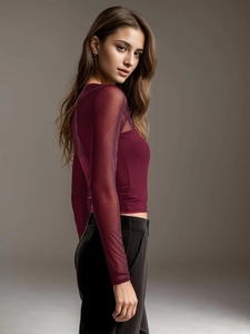 Slim fit burgundy mesh patchwork long sleeve T-shirt with sexy sheer off-shoulder design