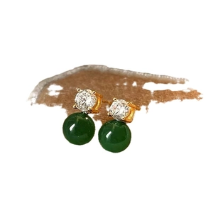 Modern Chinese style gourd earrings with gold finish, clear crystal and green glass bead