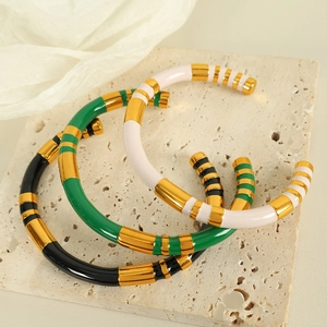 Retro stainless steel gold-plated cuff bangles with colorful striped enamel finish