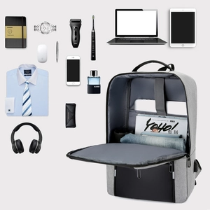 Grey business laptop backpack with large capacity and multi-compartment design