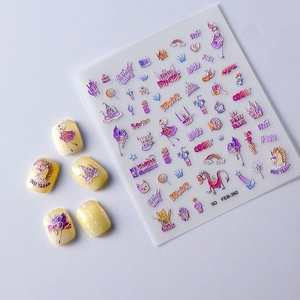 Close-up of 5D embossed nail stickers featuring purple castle and unicorn designs
