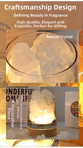Macro detail of natural crystal stones in glass jar with warm LED wooden base lighting