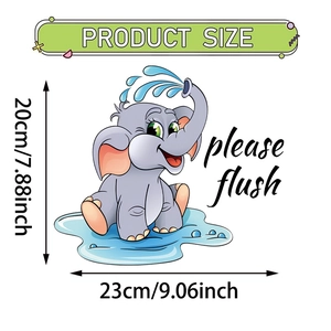Cartoon elephant toilet sticker with 'please flush' text, waterproof PVC decal 23x20cm