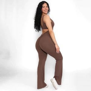 Detailed side view of a brown backless bodysuit with butt-lifting cut and high waist
