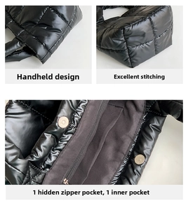 Detail view of black quilted down handbag with magnetic clasp and internal zip pocket