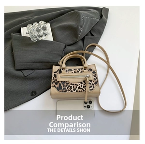 Detailed view of leopard print handbag with beige leather trim and size reference