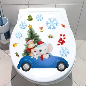 Detail view of festive Christmas toilet seat stickers with cartoon animals and snowflakes