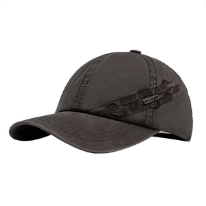Dark grey cotton baseball cap with sport embroidery and metal logo plate on white background