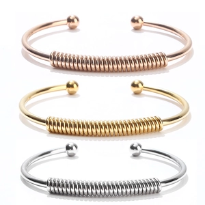 Stainless Steel Open Bangle Minimalist Spring Coil Bracelet Double Ball Ends Waterproof Smooth Jewelry For Women Men