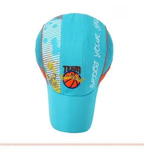 Top view of blue breathable basketball cap with team embroidery and orange mesh detail