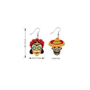 Detailed dimensions of Mexican Cinco de Mayo acrylic skull earrings showing height and width
