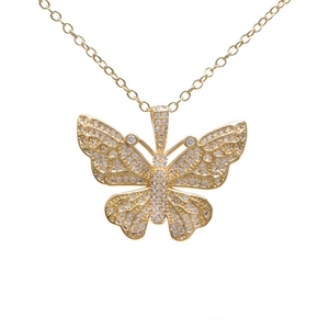 Minimalist gold-plated butterfly pendant necklace with shimmering white zircon stones