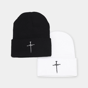 Vintage embroidery cross knit beanie hat in black and white for men and women