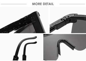 Detail shots of cycling sunglasses with speckled black frame and durable metal hinges