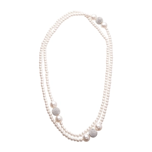 Elegant double-layered faux pearl necklace featuring sparkling rhinestone pave balls