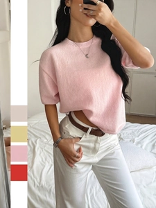 Women's Casual Round Neck Short Sleeve Knit Sweater Top Solid Color Comfortable Soft Pullover Knitwear For Fall