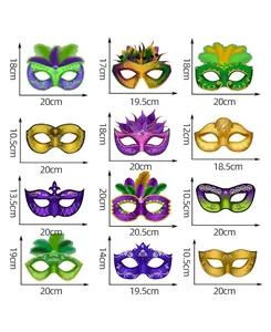 Size chart showing 12 DIY paper masquerade mask styles with precise dimensions