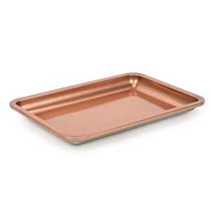 Modern rectangular stainless steel storage tray with copper finish on white background