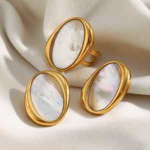 Geometric Oval White Mother-Of-Artificial Pearl Stud Earrings And Open Ring Stainless Steel 18K Gold Plated Jewelry For Women