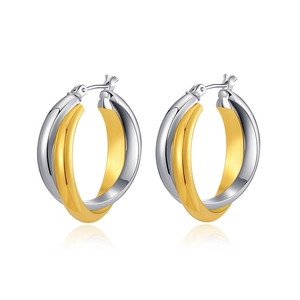 Two-tone gold and silver interlocking hoop earrings with high-polish metallic finish