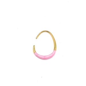 Detail of U-shape gold earrings with pink marble enamel inlay on a white background