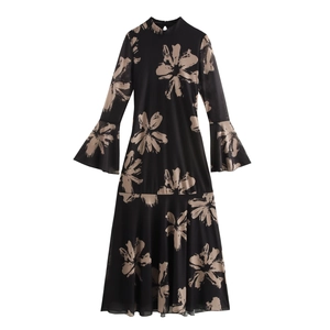 Floral Print Mesh Maxi Dress Women Mock Neck Flare Sleeve Sexy Bodycon Long Party Gown Elegant Sheer