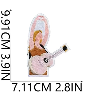 Detailed embroidery patch showing dimensions 3.9x2.8 inches with singer holding guitar