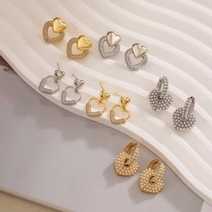 Boucles Oreilles Coeur Cuivre Plaqué Or Véritable Zircon Künstliche Perle Imitation Double Couche Creux Bijoux Pour Femmes