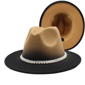 Detail of two-tone wool fedora with pearl band and interior craftmanship view