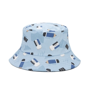 Light blue cotton bucket hat with cute stationery print and all-pass text design