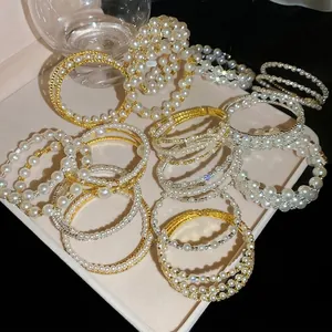 Elegant Multi-Layer Artificial Pearl Rhinestone Spiral Bangle Copper Luxury Open Cuff Bracelet For Women