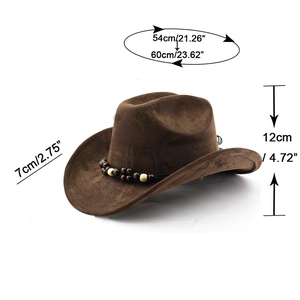 Dark brown faux suede cowboy hat with beaded band and detailed size measurements