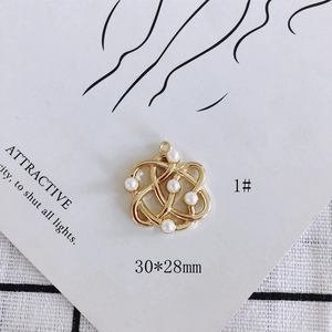 Detailed macro view of a 30x28mm gold hollow flower pendant with six white pearls