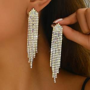 Elegant silver-tone long fringe drop earrings featuring multi-color sparkling rhinestones