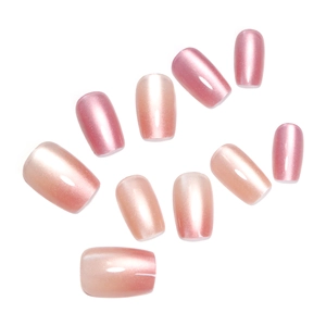 Pink gradient cat-eye press-on nails with fine glitter finish in short square shape