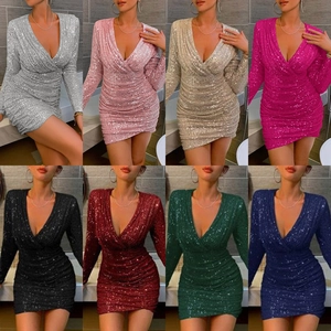 Women's V-neck sequin party dress shown in eight various vibrant color options