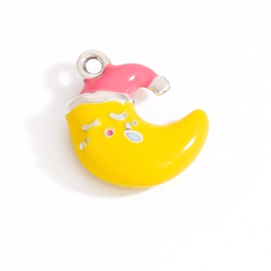 Detail of yellow enamel moon charm with pink sleep cap and silver hook accessory