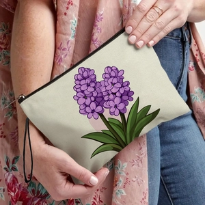 Floral canvas toiletry bag with purple hyacinth print and wristlet for women