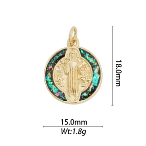 Close-up of 18k gold plated religious pendant with colorful inlay, 18.0mm x 15.0mm
