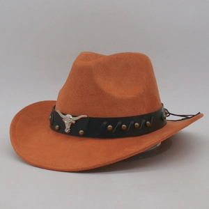Classic orange western cowboy hat featuring a black leather band and silver bull head buckle