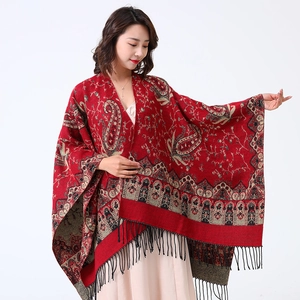 Women Shawl Poncho Cloak Cashmere-like Paisley Print Vintage Tassel Trim Split Front Soft Warm Wrap For Ladies