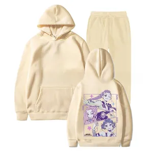 Detail of off-white fleece tracksuit with colorful anime illustration and urban graphics