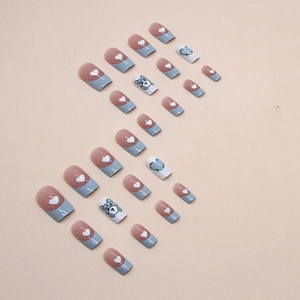 Blue heart bear press-on nails in medium French style with matte finish square tips