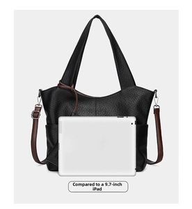 Detailed comparison of the large black tote bag size against a 9.7-inch iPad device
