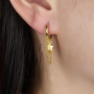 Elegant gold S925 sterling silver star drop earrings with long double tassels on model