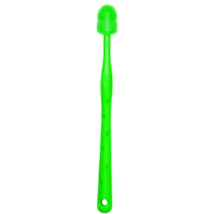 Green silicone pet toothbrush for dogs and cats with soft bristles for dental cleaning