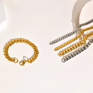 Polished stainless steel Cuban link bracelets in gold and silver with lobster clasps