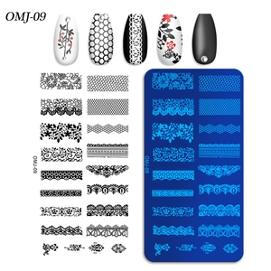 Détails de la plaque de stamping nail art OMJ-09 avec motifs de dentelle et fleurs
